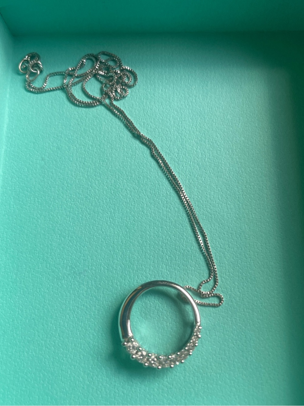 White gold graduated diamond circle necklace, 16 in chain